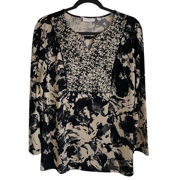 Susan Graver Tops - Susan Graver Tunic Top Black Tan Sz M Long Sleeves Beaded Split Neck Lagenlook